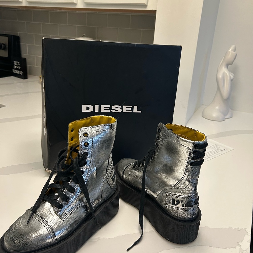 Diesel Yellow and Silver High-Top Sneakers
